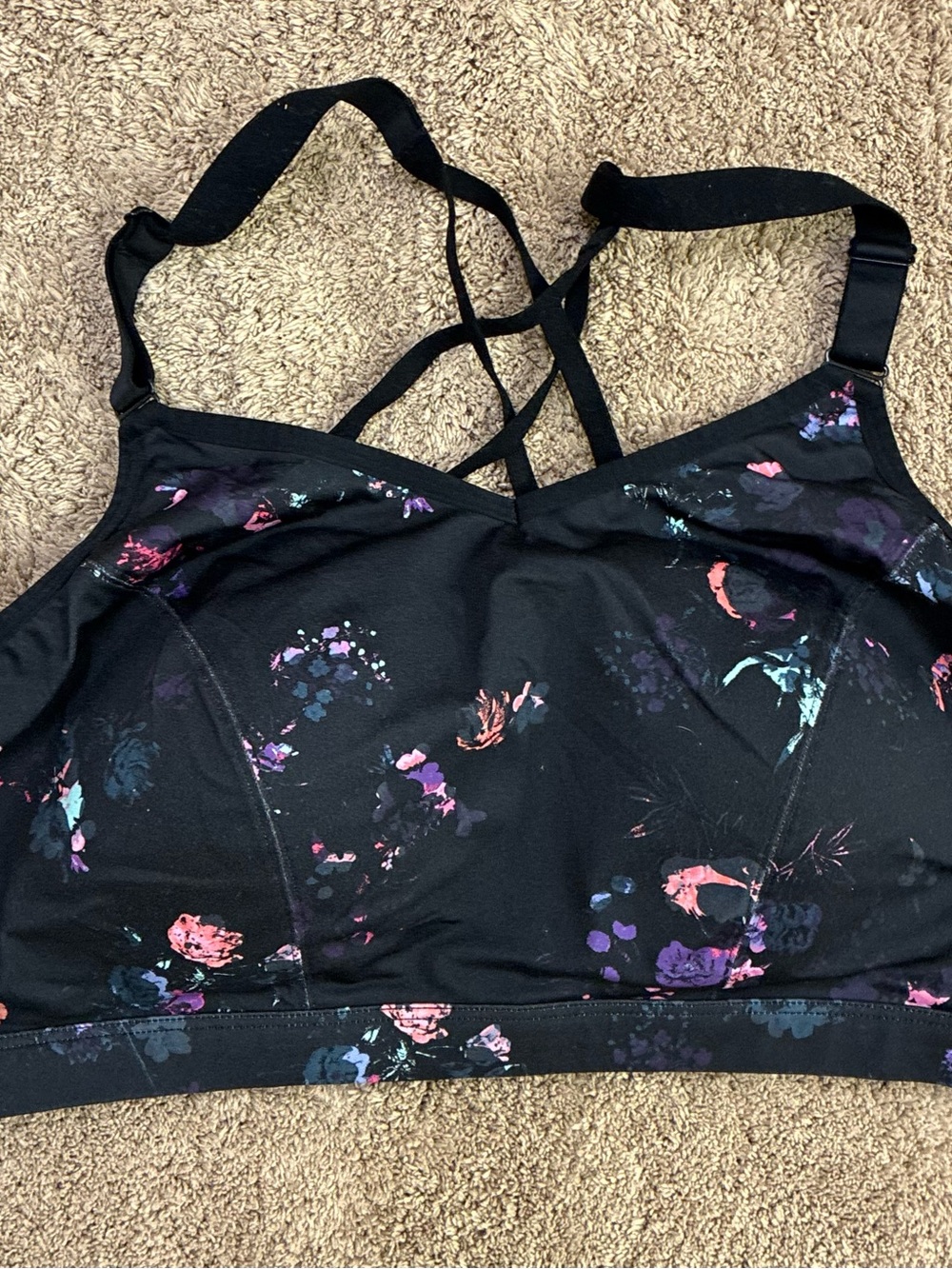Lane Bryant LIVI Active Sports Bra 42DDD Black Floral Strappy Back Plus Size